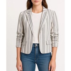 Carole Wren Women's Size M Blue White Striped Linen Blend Blazer Jacket Coastal